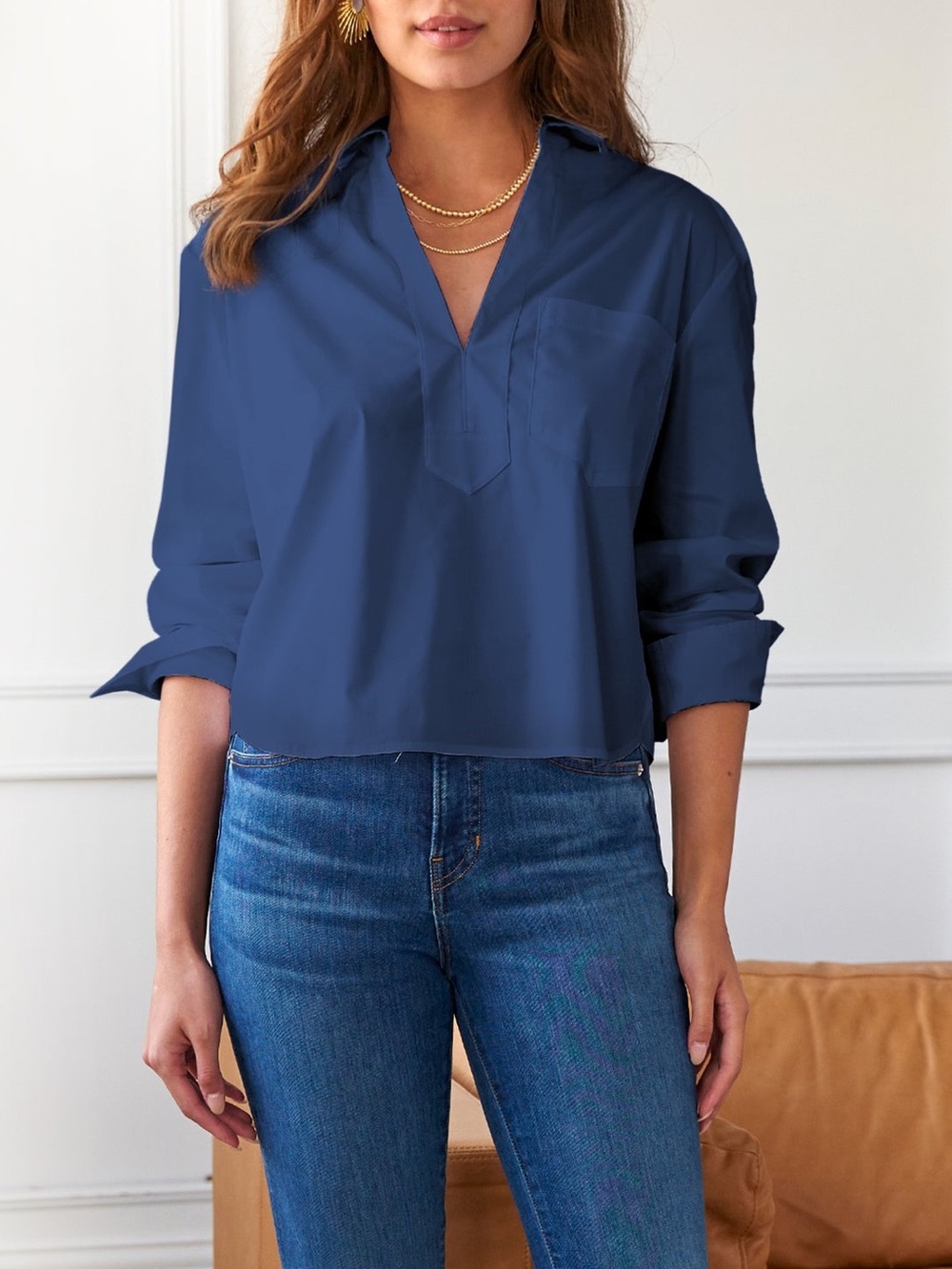 FINLEY Joni Popover Shirt in Navy Silky Cotton Poplin